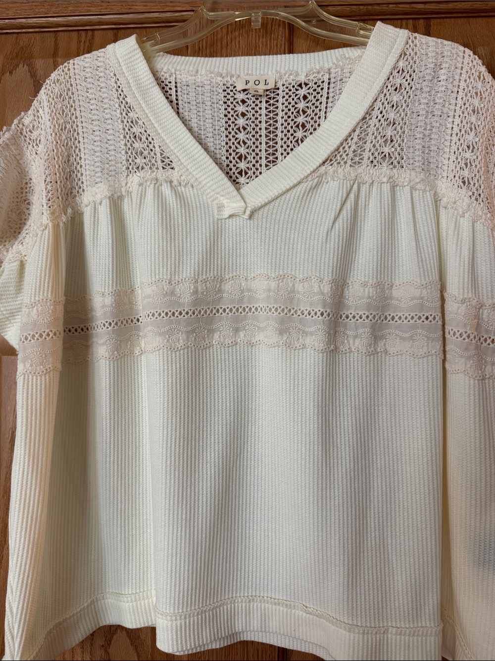 POL Cream Lace-Trim V-Neck Tunic Top